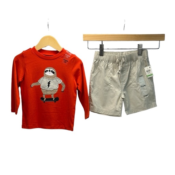 First Impression 2 piece Set - Long sleeve Sloth Riding Skateboard Tee & Shorts - Picture 2 of 12